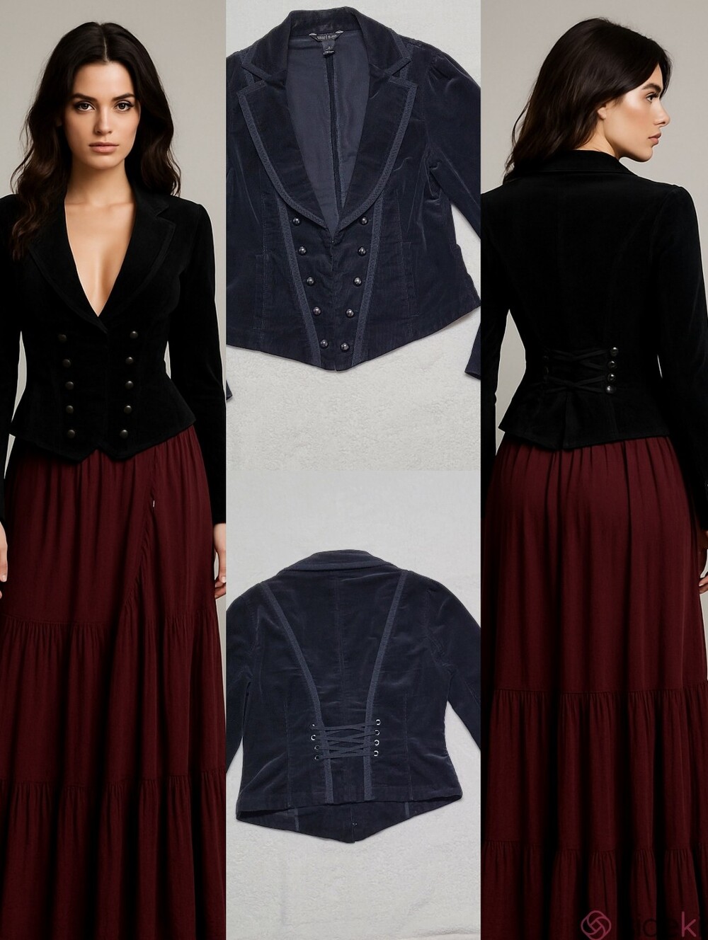 White House Black Market Vintage 90s Black Velvet Corset Style Cropped Jacket 6